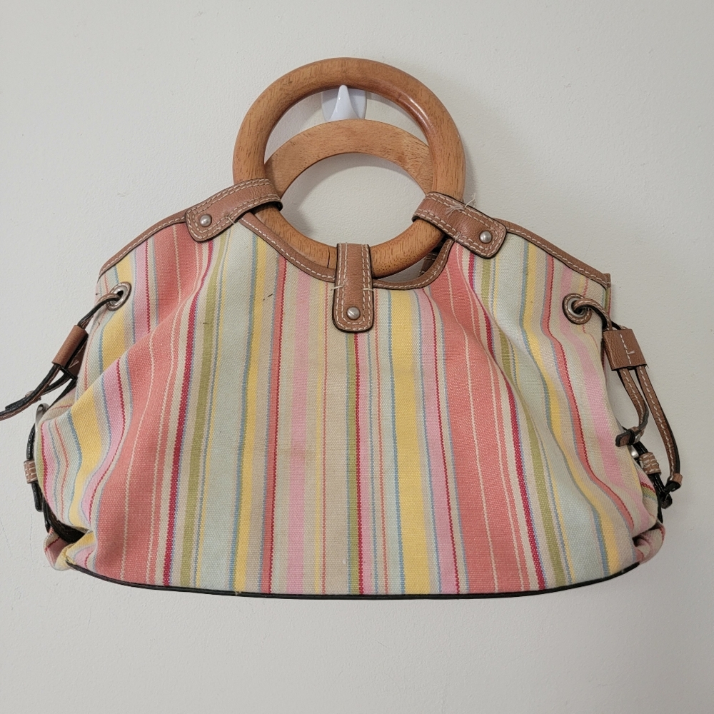 Fossil Multicolor Striped Tote with Wooden Handel striped canvas satchel